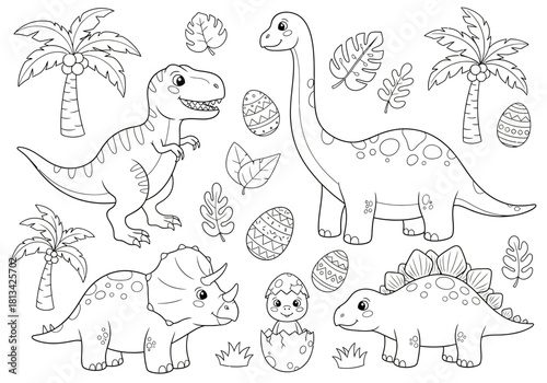 Cute Dinosaur Coloring Page Outline | Prehistoric Animal Activity Book Vector