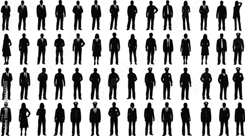 Business professional silhouettes collection featuring diverse standing poses, corporate workers, formal attire figures, multiple occupations, clean black vector set,