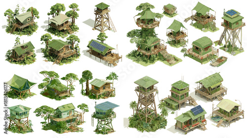 A collection of jungle base buildings with treehouses, watchtowers, cabins and green roofs. Stylized game asset set depicting forest shelters and survival camps in detailed artwork.