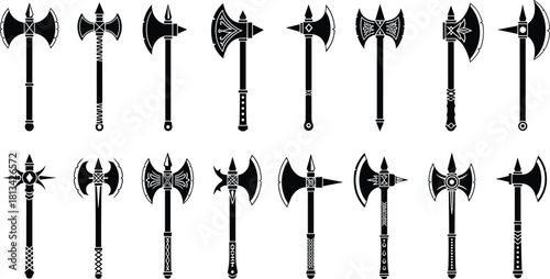 Battle axe silhouette set, fantasy weapon vector, medieval blade icons, black double-headed axe design, warrior gear illustration, combat tool graphic