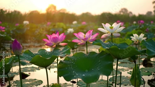 Serene wide shot of a tranquil lotus pond at dawn, with mist gently rising from the water's surface, reflecting the soft pastel hues of the sunrise and lush surrounding foliage.