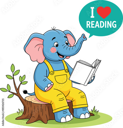 Cartoon elephant reading, cute animal character, children literacy art, book lover illustration, tree stump scene, educational vector design