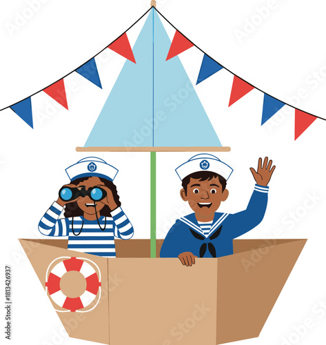 Children sailing cardboard boat, pretend nautical adventure, sailor costume illustration, playful kids vector, indoor imagination scene, creative childhood design