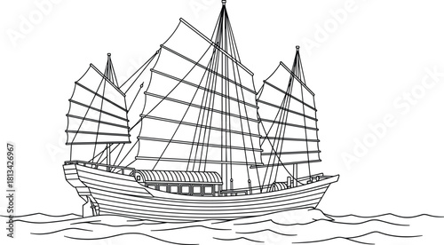 Chinese junk ship line drawing, black and white sketch, traditional sailing vessel illustration, maritime heritage vector, historical boat art