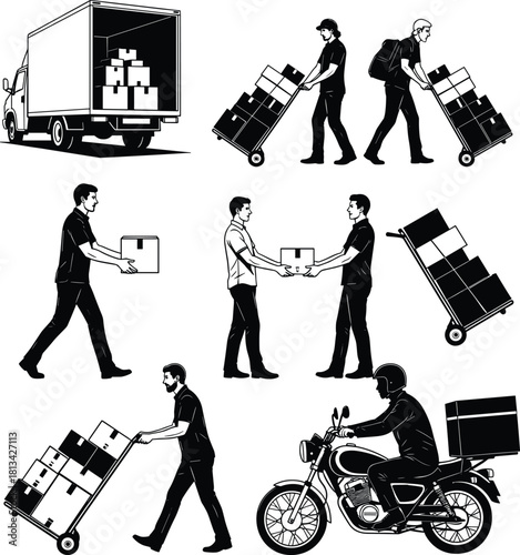 Delivery vector illustration, package transport graphic, courier logistics silhouette, shipping worker icon, black and white design, cargo movement art