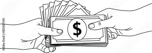 Money exchange line drawing, financial transaction sketch, black and white illustration, dollar bill transfer, payment hands vector, business deal art