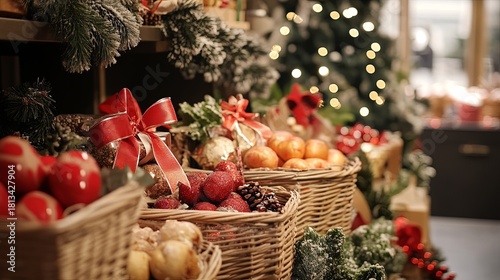 A gourmet food shop with special New Year baskets and gift sets decorated with ribbons .