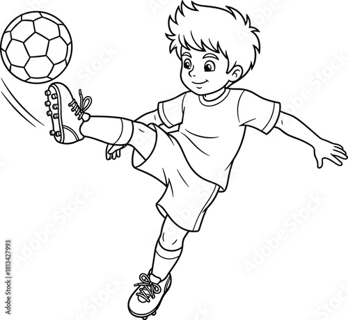 Soccer child line drawing, black and white sketch, sports activity illustration, dynamic motion vector, kicking ball pose, athletic silhouette