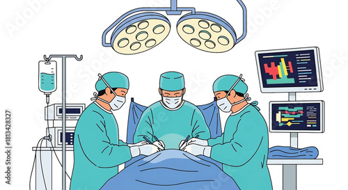 Medical professionals performing a surgical procedure in an operating room with advanced equipment