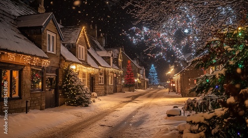 A snowy night in a quaint village with houses decorated with Christmas lights .