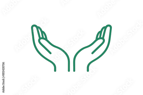 Hand gesture showing giving, receiving, care, support, hope, and charity, outline green line art drawing