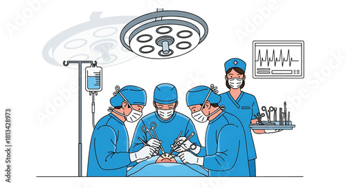 Surgical Team Performing Operation Under Bright Lights in Operating Room