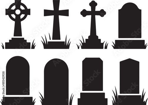 Collection of Gravestone and Tombstone Silhouettes Ideal for Cemetery Scenes Memorial Art and Historical Grave Marking Projects