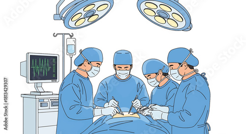 Surgical team performing a delicate operation under bright lights in a modern operating room, highlighting medical expertise and precision