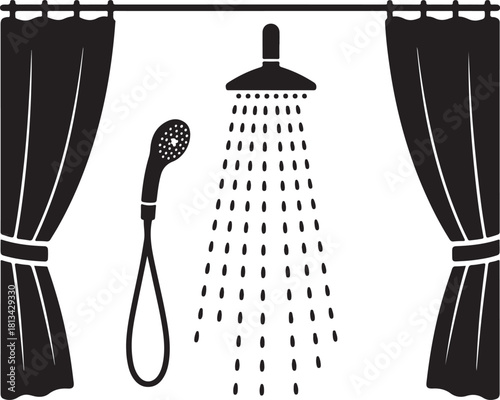 Black Shower Vector Illustration on Transparent Background with Shower Head and Handheld Spray with Droplets for Bathroom and Hygiene