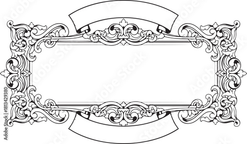 Intricate ornate baroque style rectangular frame with extensive detailed swirling scrollwork and empty banners above and below for text