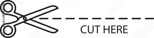 Outline of scissors cutting along dashed line with text cut here indicating separation or instruction for trimming document or paper