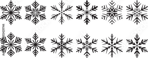 Set of snowflake silhouette with unique frost shapes and frosty design forming snow crystal as a winter element vector illustration on transparent background