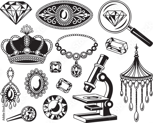 Jewelry Silhouette Collection Accessories Gem Luxury Shiny Diamond Treasure Decorative Precious Crown Magnifier Microscope Element Vector