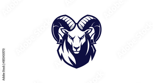 Stylized ram head illustration in dark blue on white background