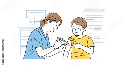 Young child receives vaccination from a nurse in a medical setting, illustrating healthcare and childhood immunization