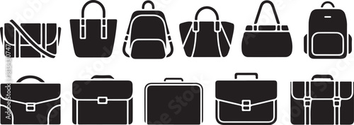 Handbags Silhouette Collection Featuring Tote Bags Messenger Bags and Backpacks in Black and White Fashion Accessories Vectors