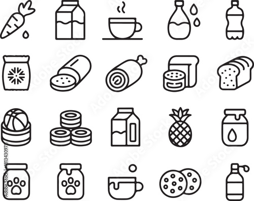 Set Of Icons Representing Various Food Items Including Fruits Vegetables And Dairy Products In Outline Style 130 Characters