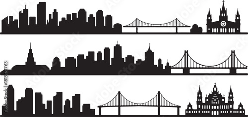 Cityscape silhouette collection urban architecture and landmarks 130 characters stock art