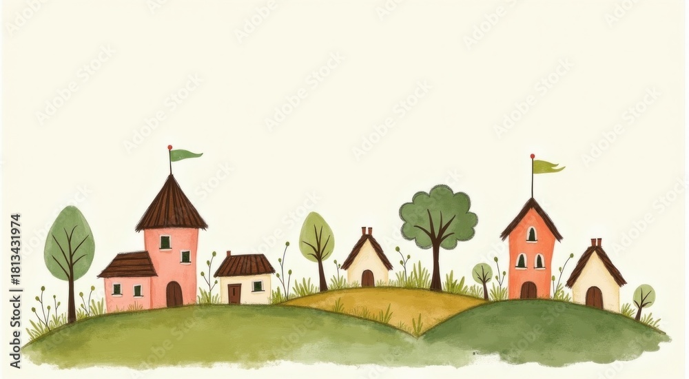 Naklejka premium Drawing of a small town with a flag on top greeting card