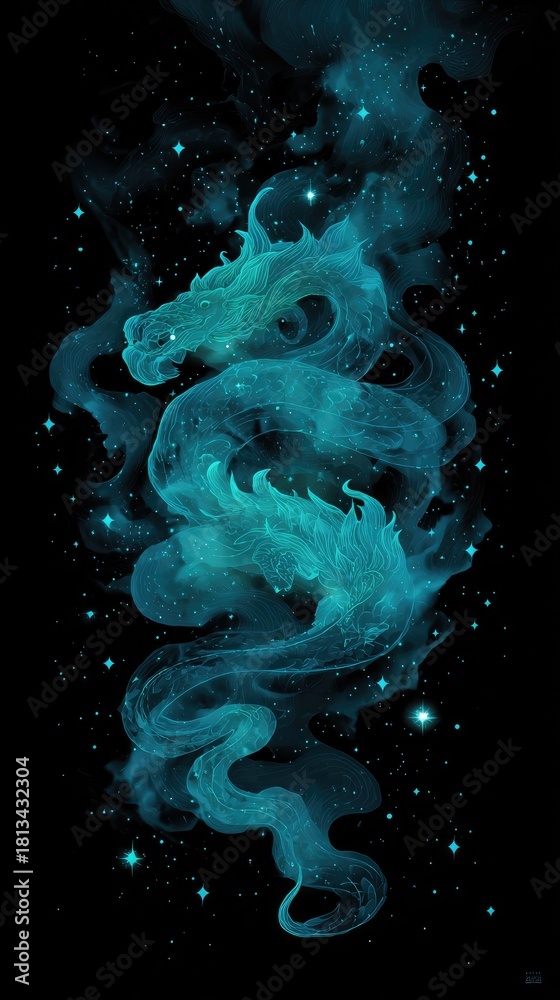 Fototapeta premium Ethereal teal dragon, smoke-like form, coiled amidst a dark, starry expanse