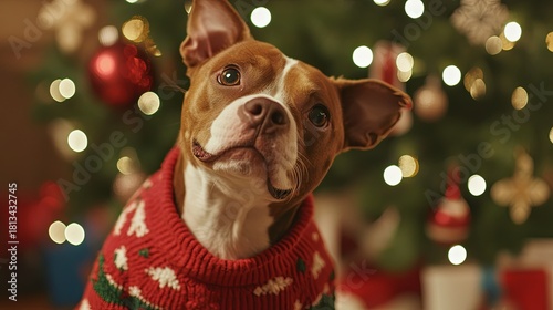 Pet adoption event with holiday decor and dogs in sweaters .