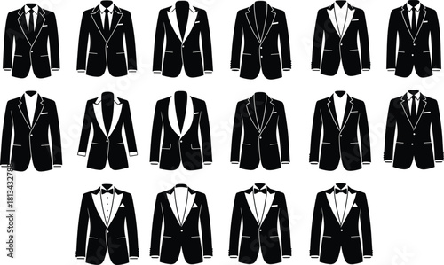 Collection of black vector suit and tuxedo icons featuring different lapels and ties, isolated on white background for men fashion business or wedding design.