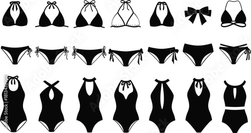 Collection of women swimwear silhouettes including bikini tops, bottoms, and one-piece suits, black vector illustration isolated on white for summer fashion design.
