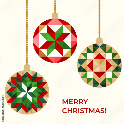 Three Christmas ornaments with geometric quilt patterns in festive colors hang on gold chains, text Merry Christmas. Cozy, traditional, and perfect for seasonal greeting card design themes.