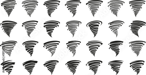 Large collection of black tornado vector silhouettes featuring various whirlwind shapes, isolated on white background for storm weather logo or danger symbol design.