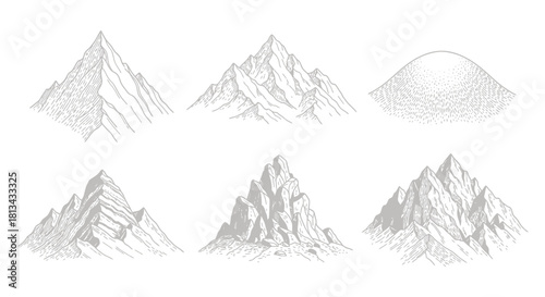 Six mountain illustrations in varying shapes and textures, presented in a simple, monochrome style.