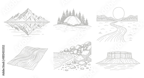Six sketch illustrations featuring mountains, a tent in the forest, a winding road, a plain surface, rocks, and a mesa.