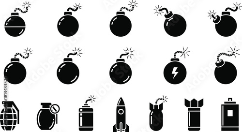 Set of black vector bomb icons featuring round cartoon explosives with burning fuses, hand grenades, and missiles, isolated on white background for war design.