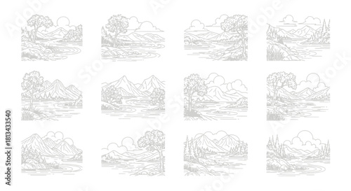 A collection of twelve detailed landscape sketches depicting various natural scenes.