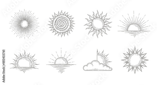 Collection of detailed, stylized sun illustrations in various artistic designs, all in grayscale.