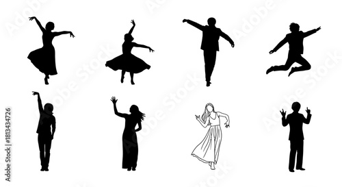 Silhouetted figures in various dance poses, showcasing movement and expression.