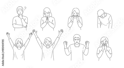 Outlined figures depicting various emotional expressions and gestures, showcasing human feelings.