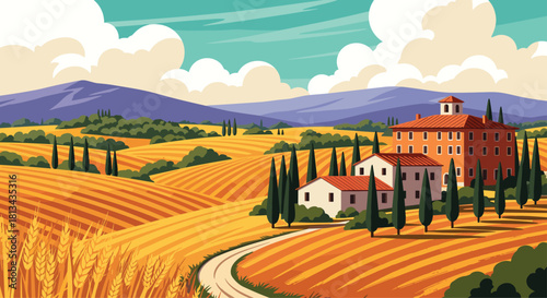 Vector illustration of a Tuscany landscape featuring golden wheat fields, tall cypress trees, a rural farmhouse, and mountains under a blue summer sky.
