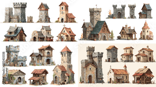 Detailed medieval building illustrations featuring stone towers, rustic cottages, fortified walls, and old village houses with historic European architectural style.