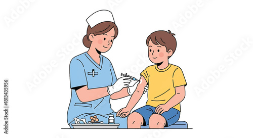 Child receiving vaccination from a nurse in a medical setting, illustration