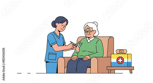Elderly woman receiving vaccination from a nurse in a clinic or care home setting