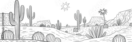 Black and white desert landscape illustration with cactus plants, sun, mountains, and sand dunes, hand drawn line art nature scenery