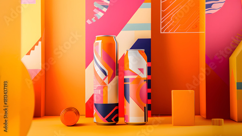Vibrant energy drink can design with bold geometric patterns, perfect for modern lifestyle brands and eye catching product displays, delivering fresh taste and style
