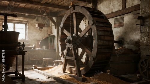 Interior of an old mill with a large wooden water wheel and grinding machinery, illuminated by natural light.