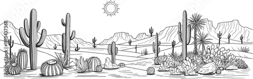 Black and white desert landscape illustration with cactus plants, sun, mountains, and sand dunes, hand drawn line art nature scenery